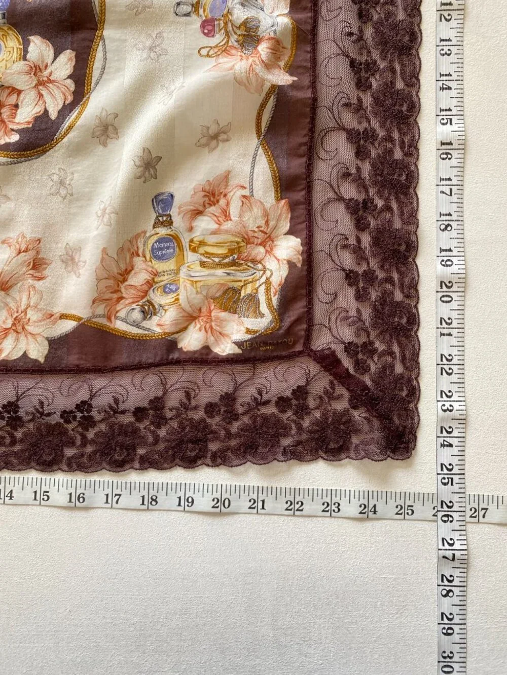 Vintage Jean Patou Paris Square Scarf Brown Lace Border